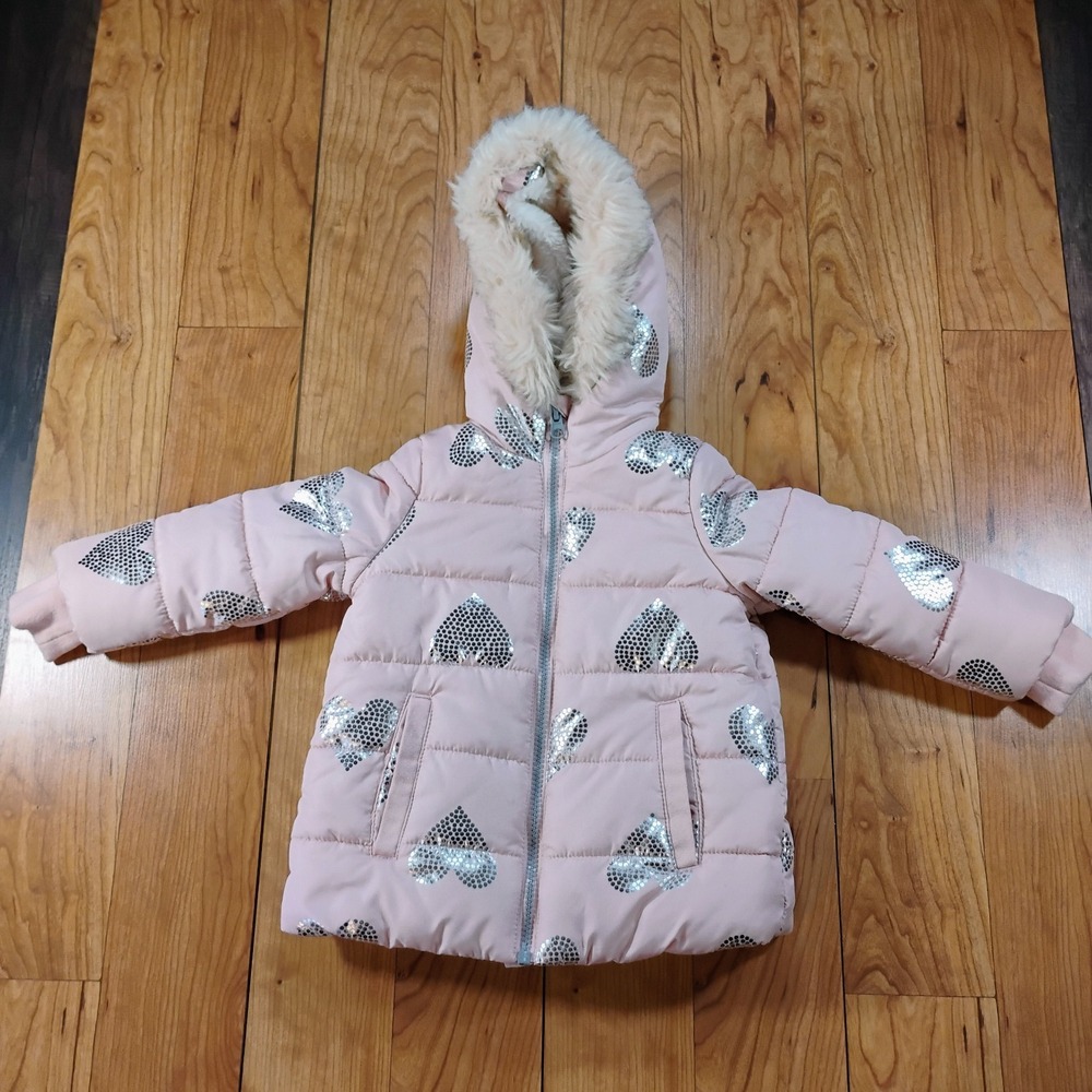 Falls Creek Toddler Winter Coat 18M Girl Puffer Heart Jacket Hooded Pink